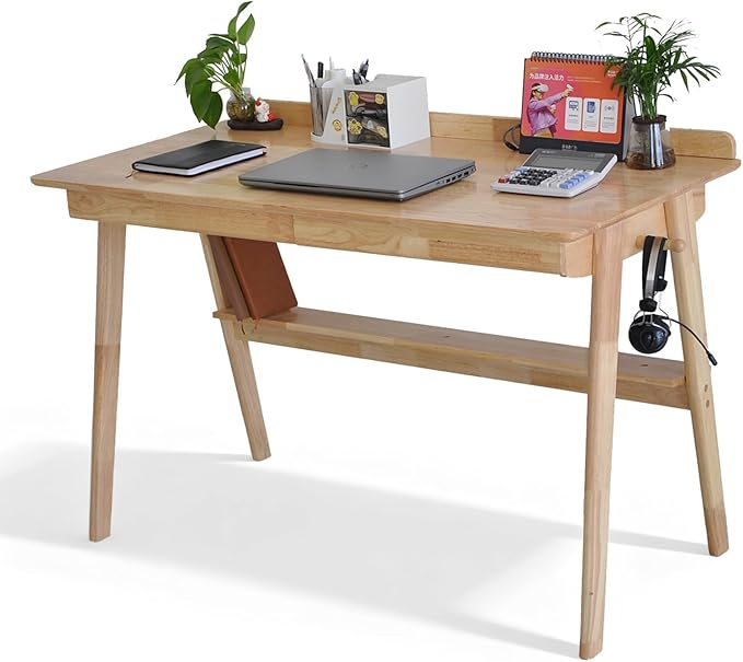 Mid-Century Rubberwood Desk 39 Inch, Solid Wood Computer Desk with 2 Drawers & Side Hooks, Home Office Writing Workstation