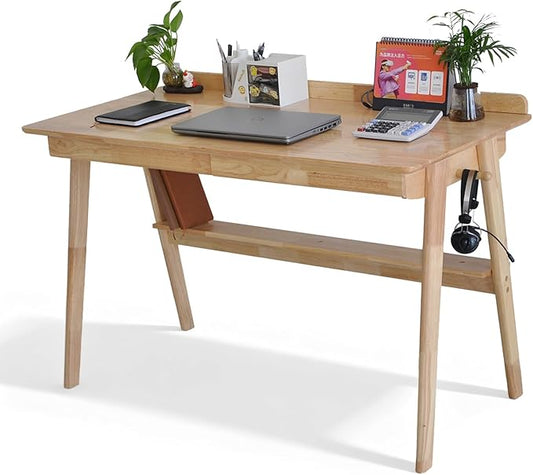 Mid-Century Rubberwood Desk 39 Inch, Solid Wood Computer Desk with 2 Drawers & Side Hooks, Home Office Writing Workstation