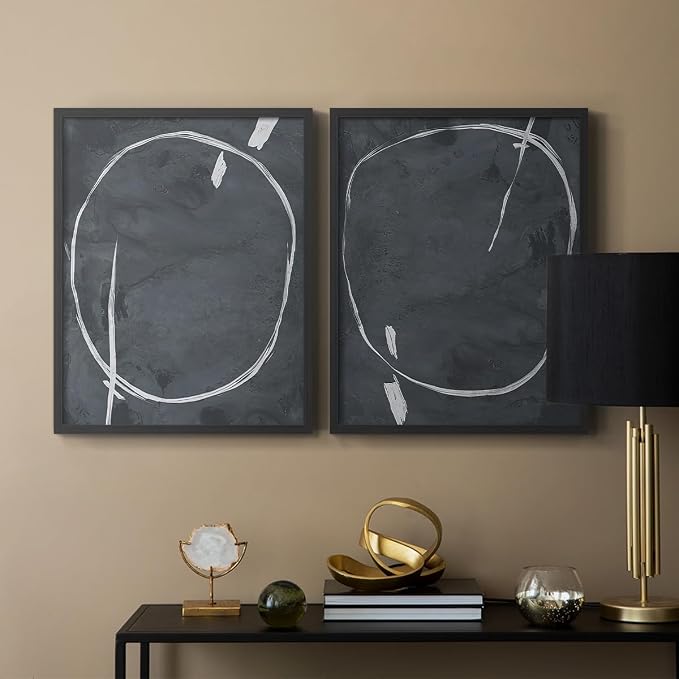 Renditions Gallery Set of 2 Peel & Stick Framed Prints, Abstract Wall Art, Circular Momentum Design Wall Decor, Re-Stickable - Ready to Hang - 22"x28" - Black Frame LT588
