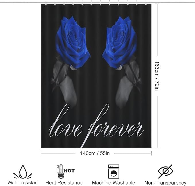 Blue Rose Flower Shower Curtain Vintage Valentine's Day Love Forever Rose Floral Modern Waterproof Shower Curtains for Bathroom Decor 12 Pack Hooks 55x72in（140x183cm）