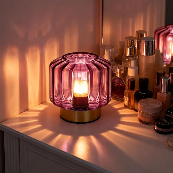 touch Table lamp Gold table lamps Mid Century Modern lamp nightstand lamp small vintage desk lamp metal table lamp with Purple Glass Ribbed shade Bedside table light for end table Bedroom Living Room