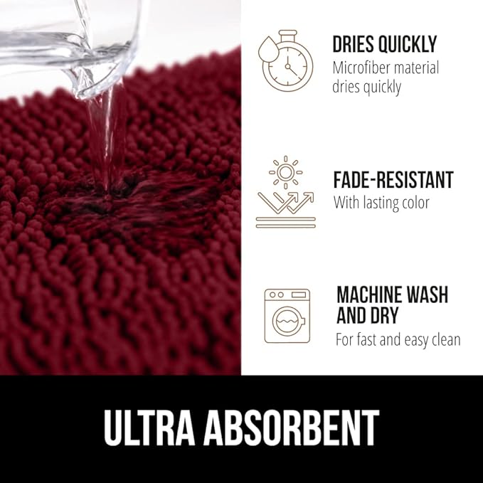 GORILLA GRIP Bath Rug Mat 60x24, Soft Absorbent Chenille, Quick Dry Microfiber Mats, Rubber Backing Washable Shower Floor Rugs, Bathmat Runner, US Designed Bathroom Home Decor Accessories Burgundy