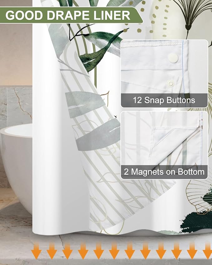 No Hook Shower Curtain with Snap in Liner Set, Abstract Green Botanical Leaf Print Shower Curtains for Modern Boho Bathroom, Mesh Top Waterproof Double Layer Bath Curtain, 71x74 Inch