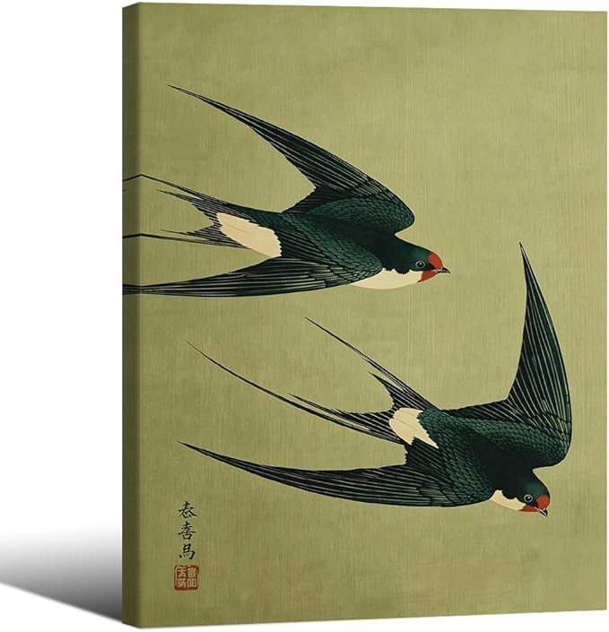 Wrapped Framed Japanese Flying Swallow Wall Art Asian Japandi Bird Animal Poster Nature Vintage Green Canvas Prints for Living Room Bedroom Home Decor 12x16 inch