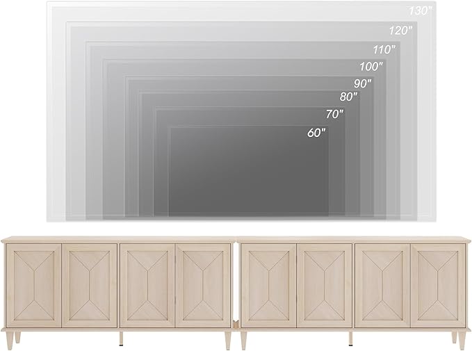 WAMPAT 130-inch Handcrafted Patchwork Decorative Buffet Cabinet with Pop-Up Design Doors,2-in-1 Large Modern Farmhouse Accent Credenza for Coffee Bar, Kitchen, and Living Room, Light Oak