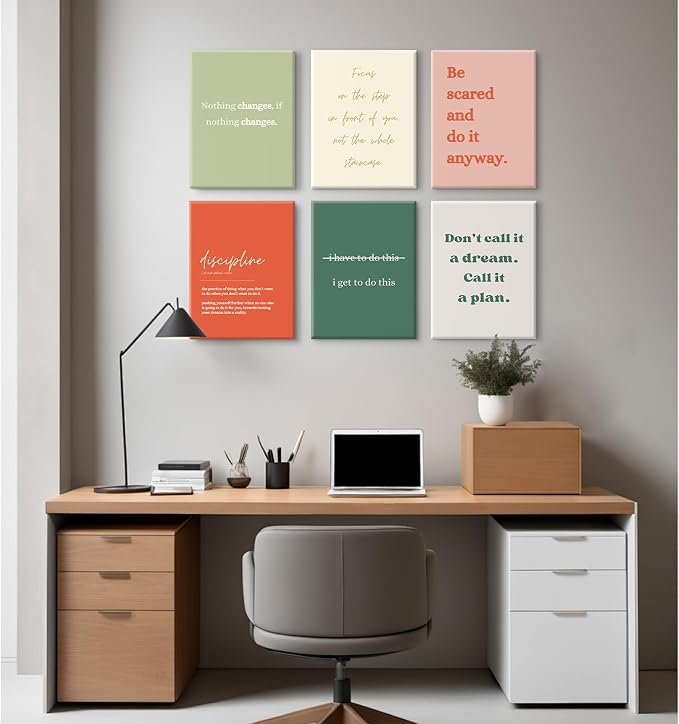 Office Wall Art Motivational Posters Inspirational Quote Canvas Wall Decor Office Positive Pictures Inspirational Classroom Art Motivational Work Prints for Gym Home 8x10 Inch Wrapped Canvas Set of 6