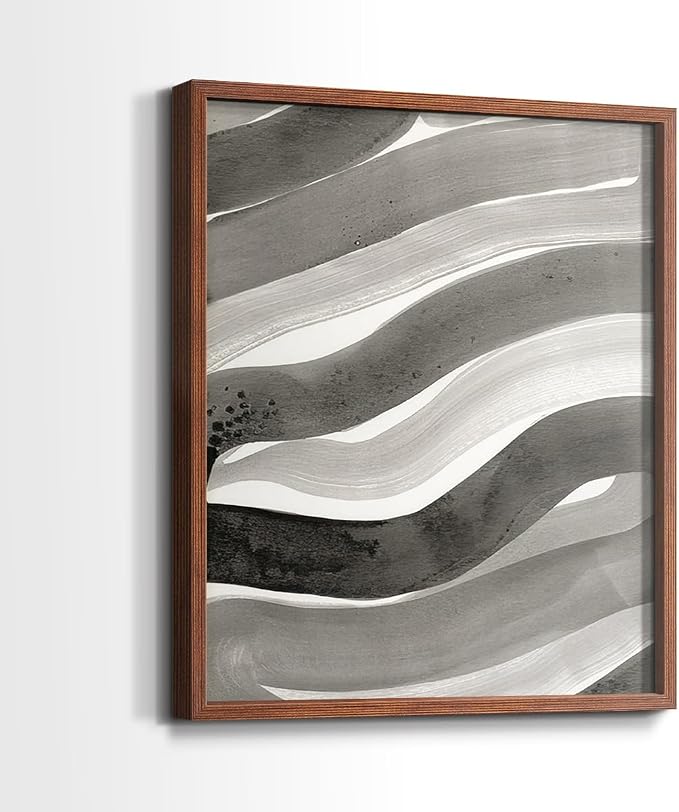 Renditions Gallery Set of 2 Peel & Stick Framed Prints, Watercolor Abstract Wall Art, Black and White Bold Brushstrokes Wall Decor, Re-Stickable - Ready to Hang - 16"x20" - Walnut Frame LT588