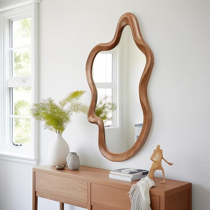 Irregular Wall Mirror,24"x 36"Asymmetrical Mirror Wood,Wooden Framed Wall Mirror,Modern Large Vanity Bathroom Mirror,Walnut Wavy Mirror for Entryway,Bedroom,Living Room,Washroom