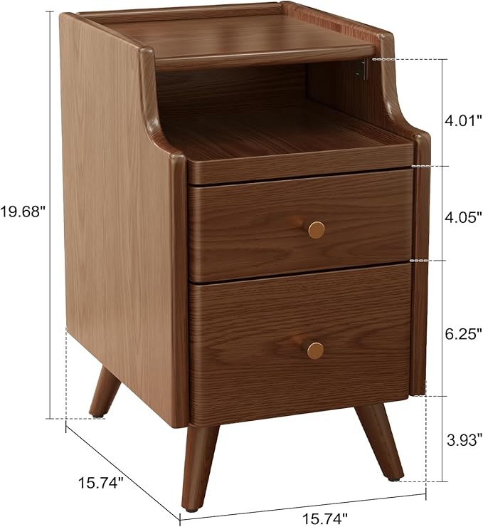 AQIMUELE Wood Nightstand, Walnut Nightstand with 2 Drawers, Bedside Table for Bedroom
