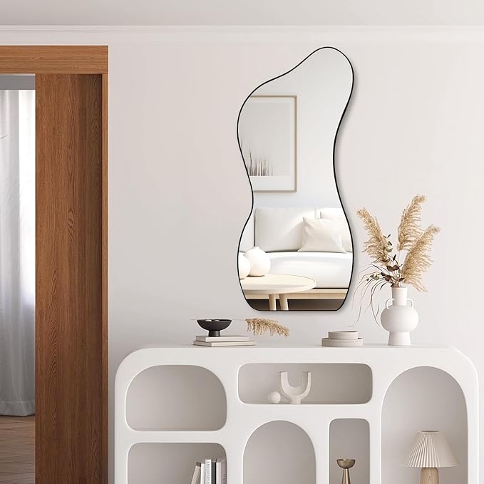 Large Irregular Wall Mirror 47.2"x22", Unique Shaped Black Asymmetrical Mirror, Modern Oblong Wavy Mirror for Living Room,Bathroom,Entryway,Dining Room