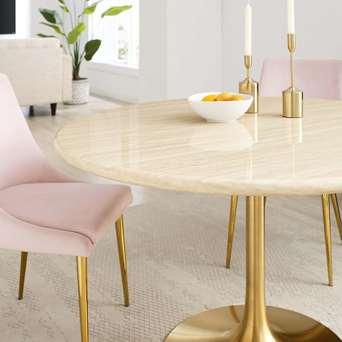 Modway Lippa 48" Round Artificial Dining Table with Tapered, Metal Base, Gold Travertine