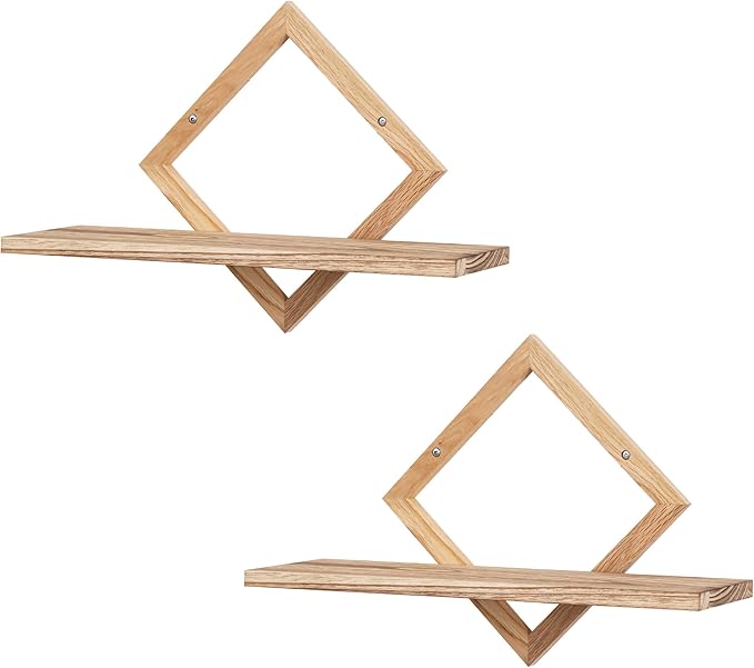 Floating Shelves for Wall,Decorative Wall Shelf,Hanging Shelf for Plants Storage Display Holder,Indoor Decor for Living Room Home Office Bathroom Bedroom,Solid Wood,Diamond Shaped,2 Pack(Wooden Brown)