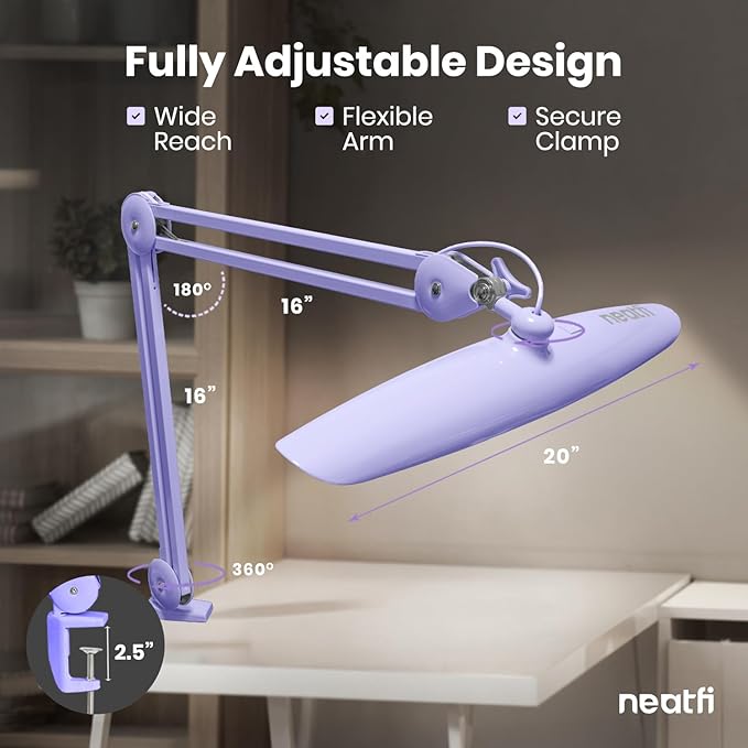 Neatfi XL Nail Desk Lamp with Clamp, 2200 Lumens, 20-Inch Wide Head, Dimmable 4 Levels, 6500K, LED Task Light for Manicure Table, Crafts, Workbench, Office (Non-CCT, Lavender)