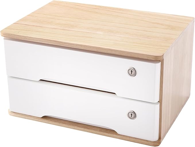 Desktop File Organizer with Lock, 2/3/4 Tier Multi-Drawer Wooden Storage Cabinet, Office Supply Organizer for Home Desk, Study & Workplace (Natural + White, 2 Layers)