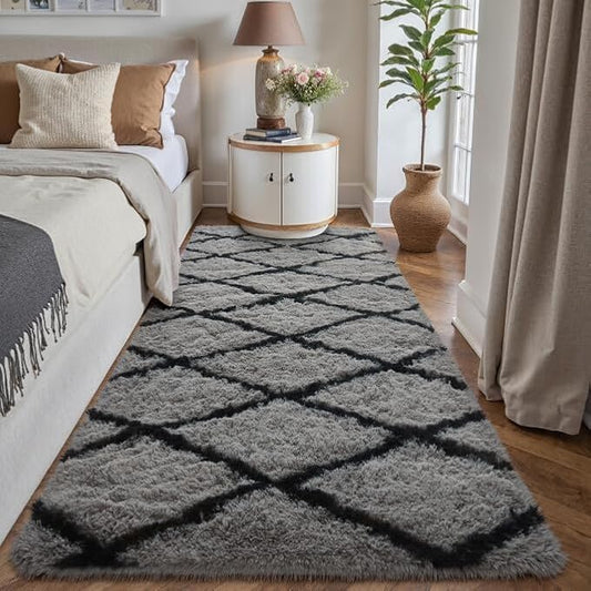2x6 Checkered Rug Grey and White Modern Soft Area Rug Fluffy Non-Slip Carpet for Bedroom Living Room Playroom Home Aesthetic Decor