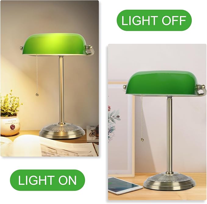 Bankers Lamp, Green Desk Lamp with Brass Finish, Classic Table Lamp with Pull Switch for Home, Office, Study (Green)