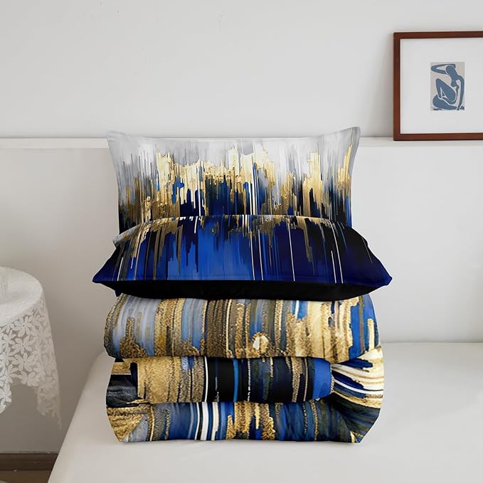 Abstract Art Bedding Set King Navy Gold Grey Comforter Set, Stripe Duvet Insert Golden Metallic Sequins Quilt Sets, Dark Blue Tie Dye Bedding Comforters & Sets Luxurious Modern Bedroom Decor