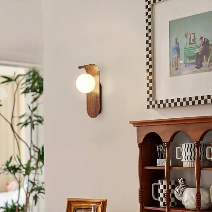 Mid Century Wall Sconce Walnut Texture Glass Globe Wall Lighting Wood Industrial Farmhouse Wall Light Bedside Indoor Retro Industrial Wall Mounted Lamp for Living Room Bedroom Bathroom