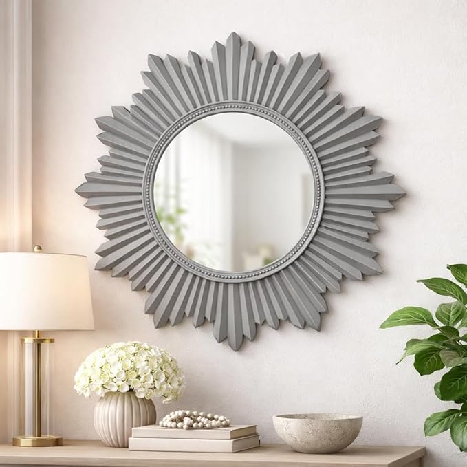 Armanda Collection Sunburst Round Wall Mirror Handmade Resin Frame Decorative Home Accent (Gray)