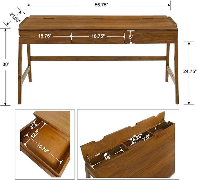 Wood Desk with Drawers Walnut Home Office Desk Mid Century Modern Writing Table for Bedroom Vanity Living Room Study Workstation