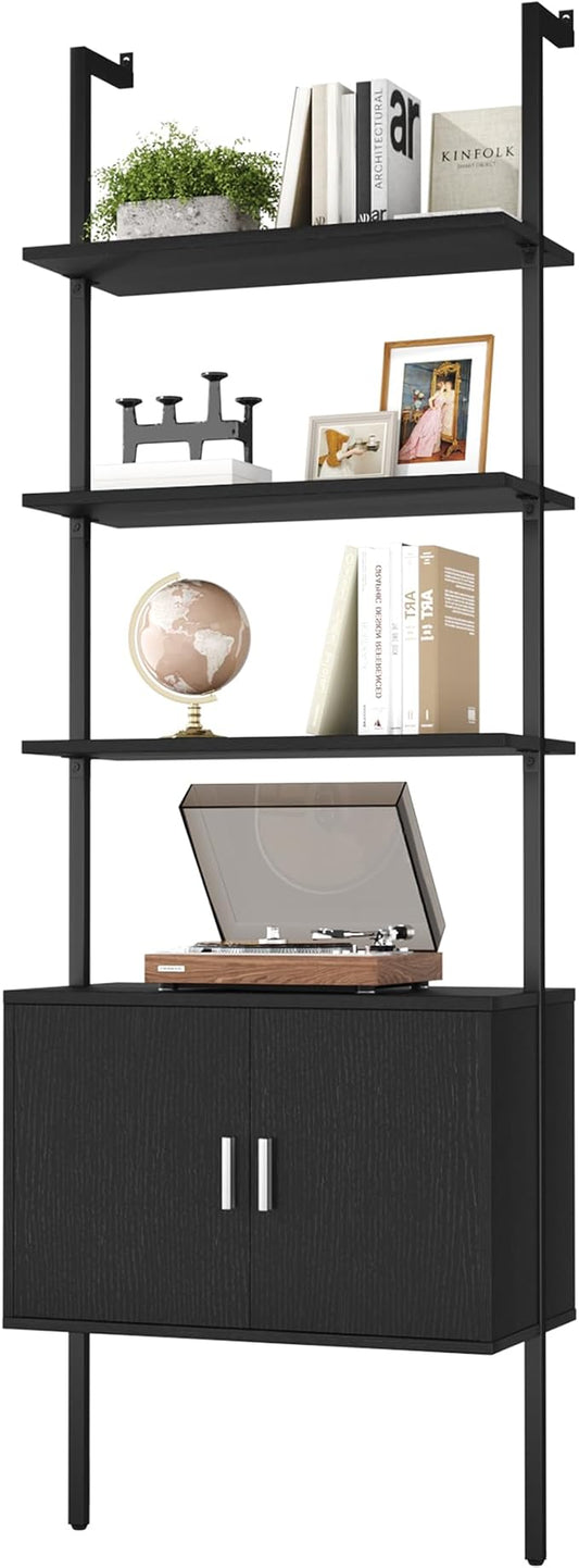 Yusong 73" Tall Bookshelf with Cabinet, Industrial Ladder Wall Mount Shelf Bookcase with Wood and Metal Frame, Plant Shelf Wall Storage Display for Living Room Bedroom, Black Wood Grain