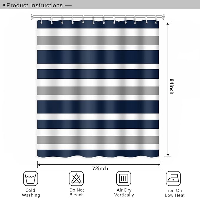 Stripes Fabric Bathroom Curtain Dark Blue Grey Modern Minimalist Shower Curtain with Hooks Polyester Waterproof Abstract Artistic Decor, 72x84 Inch