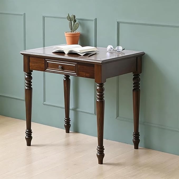 Solid Wooden Vintage Desk with Drawers, Small Dark Writing Desk with Drawers for Computer, Vintage Vanity Desk, Study or Gaming, Easy to Assemble (Walnut, 31.5in)
