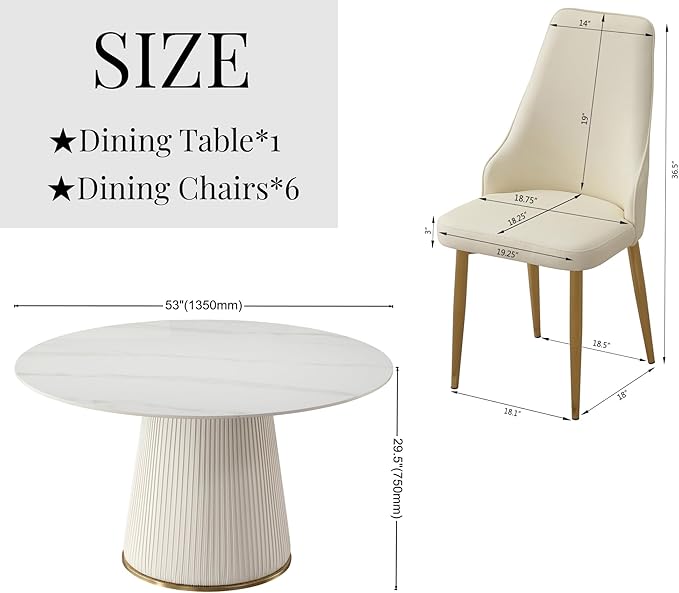 Montary 7 Piece Dining Table Set, Modern Dining Room Table Set of 6, White 53" D Faux Marble Dining Table, Sintered Stone Round Table with 6 Dining Chairs, for Dining Room Kitchen