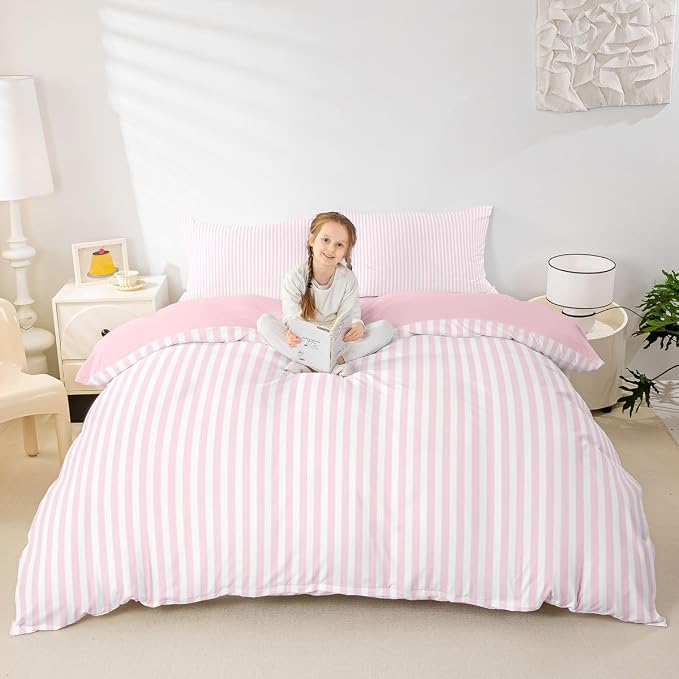 Erosebridal Pink White Stripe Bedding Set King Geometric Striped Duvet Cover for Kids Teens Farmhouse Ticking Stripes Comforter Cover Horizontal Stripes Modern Abstract Bed Set with Zipper