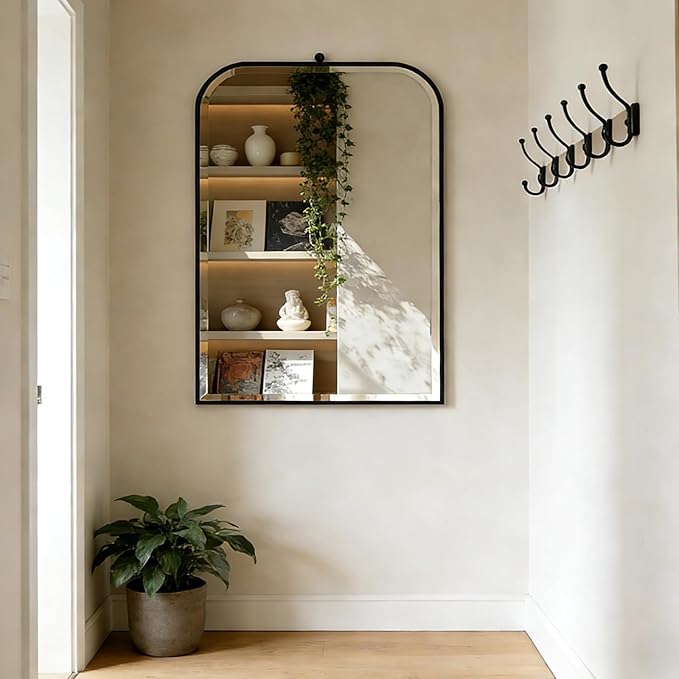 POZINO Beveled Oblong Mirror, 20"x30" Rectangle Rounded Mirror for Over Sink, Modern Black Bathroom Mirrors with Stainless Steel Frame, Vanity Wall Mirrors for Bedroom Living Room Entryway Fireplace