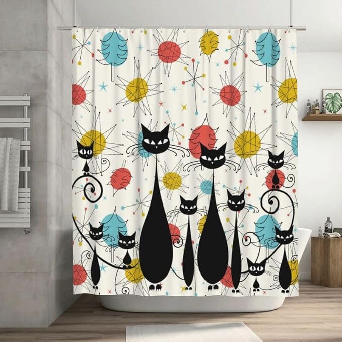 Mid Century Shower Curtain Christmas Tree Atomic Black Cat Aesthetic Patterned Duty Fabric Shower Curtains Set Bathroom Polyester Waterproof with 12 Hooks, 55x72Inch（140x183cm）