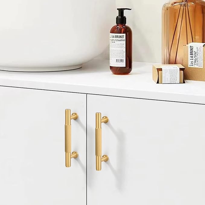 SALISENG-5 Pack Gold Kitchen Cabinet Handles, Brushed Brass Dresser Drawer Pulls, 3 Inches Furniture Door Handles for Cupboard Bedroom Wardrobe (Arina)