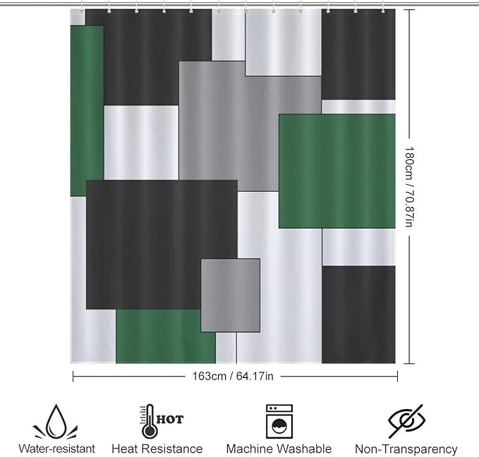 Retro Geometric Shower Curtain,Green Black Modern Geometry Minimalist Neutral Design Bathroom Curtain Polyester Waterproof Fabric Decor 66x72in（168x183cm）