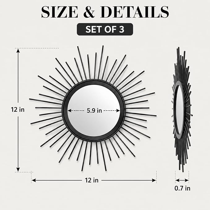 Black Sunburst Mirror Set of 3, 3PCS Metal Round Decorative Wall Mirrors, Starburst Accent Mirror Wall Decor for Living Room, Entryway, Bedroom & Hallway