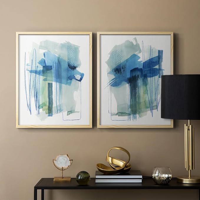 Renditions Gallery Set of 2 Peel & Stick Framed Prints, Modern Abstract Wall Art, Blue and Neutral Bold Brushstrokes Wall Decor, Re-Stickable - Ready to Hang - 8"x10" - NATURAL WOOD Frame LT588