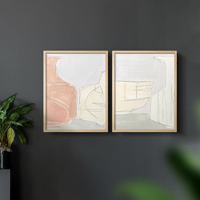Renditions Gallery Set of 2 Peel & Stick Framed Prints, Neutral Abstract Wall Art, Soft Tones Delicate Linework Wall Decor, Re-Stickable - Ready to Hang - 22"x28" - NATURAL WOOD Frame LT588
