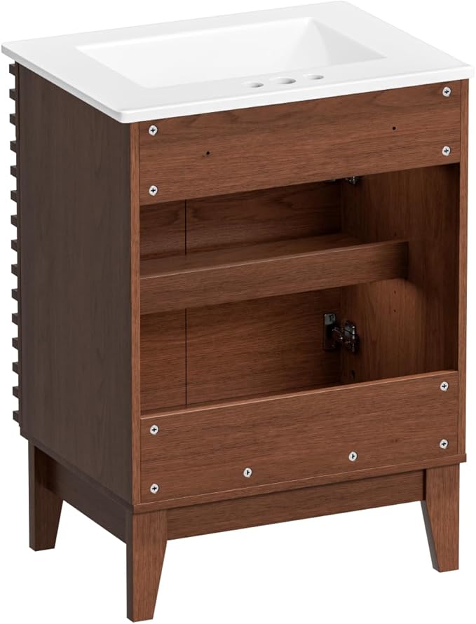 ROOMTEC 24" Walnut Modern Freestanding Bathroom Vanity Sink with Storage, 2 Levels, 2 Compartments, Undermount Ceramic Sink