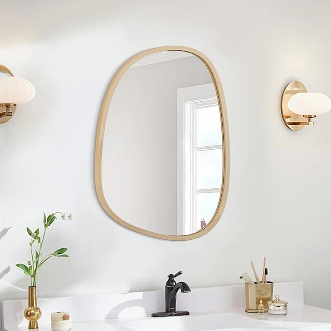 Irregular Wall Mirror Gold Asymmetrical Bathroom Mirror Oval Wood Framed Modern Wall Mounted Decorative Mirrors for Wall Home Vanity Bedroom Living Room Entryway Hallway Small 16"x12"