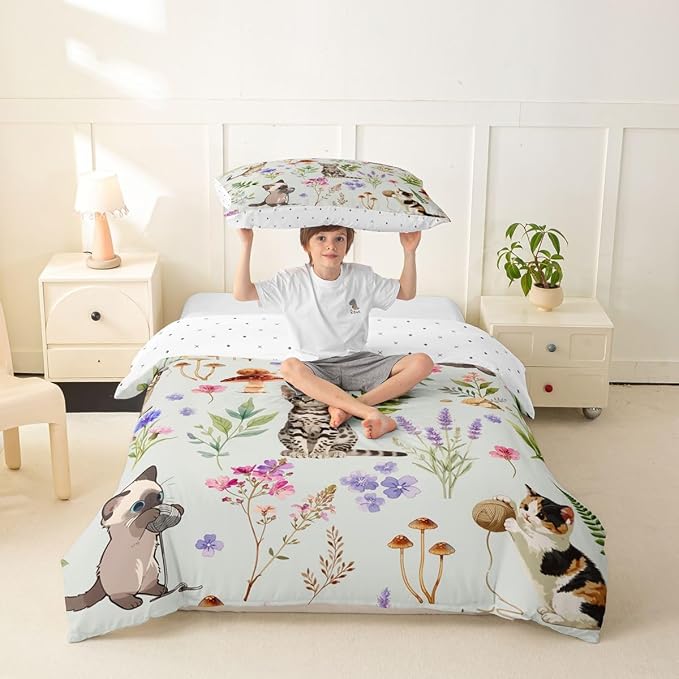 Erosebridal Cute Cat Toddler Duvet Cover Kitten Cat Lovers Bedding Set Pale Green Boho Watercolor Floral Comforter Cover for Kids Girls Boys Adults Funny Pet Animal Bed Set