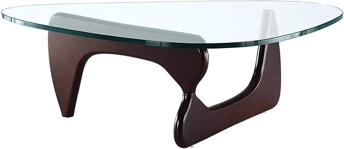EMODERN FURNITURE - Mid-Century Modern Style Coffee Table Glass Top Hardwood Base (Dark Walnut)