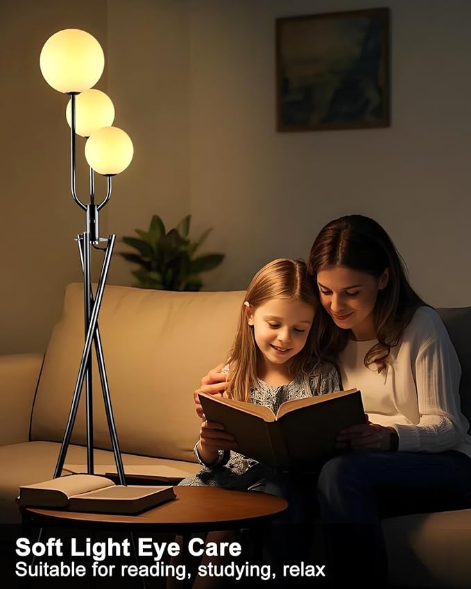 Lightdot Black Tripod Floor Lamp 3 Pole Vintage Standing Lamps with Stable Base& 3Pcs Globe 3000K Warmwhite Bulbs Included Mid Century Modern Floor Lamp for Living Room/Sofa Beside/Corner Decor