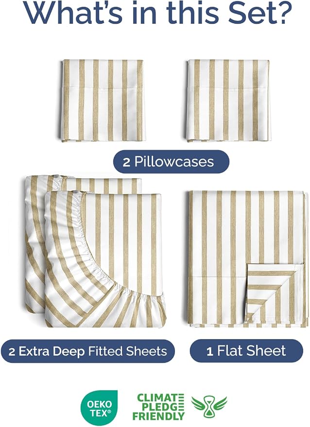 Extra Deep Split King Sheet Set - 7 Piece Breathable and Cooling Sheets - Hotel Luxury Bedding for Women, Men, Kids & Teens - Secure Fit - Soft and Wrinkle Free - Extra Deep Pockets - Beige Stripes