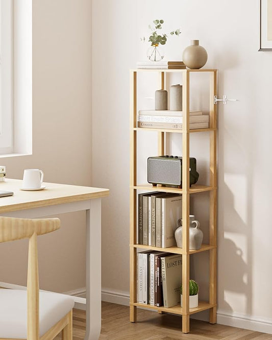 Open Book Shelf, 5 Tier Tall Bookshelf, Freestanding Shelf Narrow Bookcase with Open Shelves, 14.96" x 10.63" x 53.54", Book Shelves for Living Room, Office, Study, Oak
