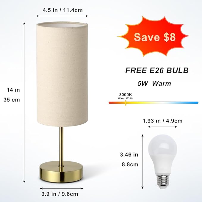 Small Side Table Lamp for Bedroom Night Stands, Round Linen Shade and Antique Brass Metal Base, Retro Minimalist Bedside Lamps for Dresser, Desk, Office, College Dorm, Warm Light, 5W LED Bulb Included