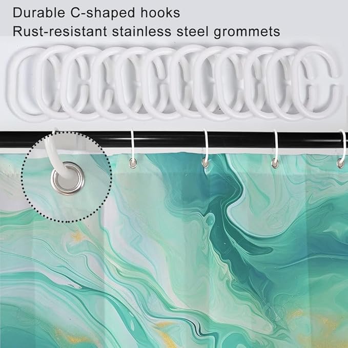 Turquoise Shower Curtain, Modern Teal and Gold Marble Shower Curtain for Bathroom Aesthetic Waterproof Shower Curtain Set with Hooks, 72x96 Inch
