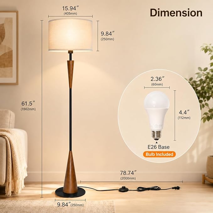 Floor Lamps for Living Room,61.5" Wood Floor Lamp,Retro Farmhouse Standing Lamp Includes 9W Bulb with 3-Color Temperature,Tall Lamp for Bedroom,Dining Room,Living Room,Corner,Brown