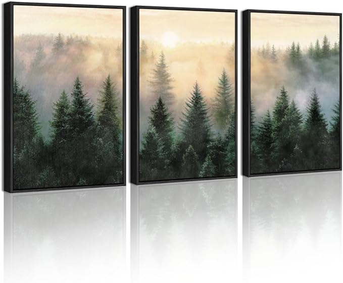 KUVIOKE Sun Dawn Fog Pine Tree Framed Wall Art Morden Nature Nordic Forests Artwork Bedroom Decor 12x16in (Black Framed)