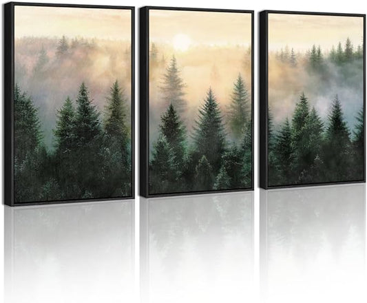 KUVIOKE Sun Dawn Fog Pine Tree Framed Wall Art Morden Nature Nordic Forests Artwork Bedroom Decor 12x16in (Black Framed)