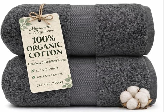 Maisonette Elegance 100% Organic Cotton Turkish Bath Towels, Soft & Absorbent, Ideal Quick Dry Large Luxury Bathroom Towel Set for Shower (30" x 58", 2 Pack) - Dark Grey (Stone)