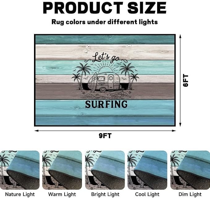 Surfing Area Rug Beach Van Palm Tree Carpet Retro Wood Grain Striped Rugs Non Slip Washable Floor Mat for Bedroom Living Room Nursery Playroom Classroom Home Decor,6'x9'